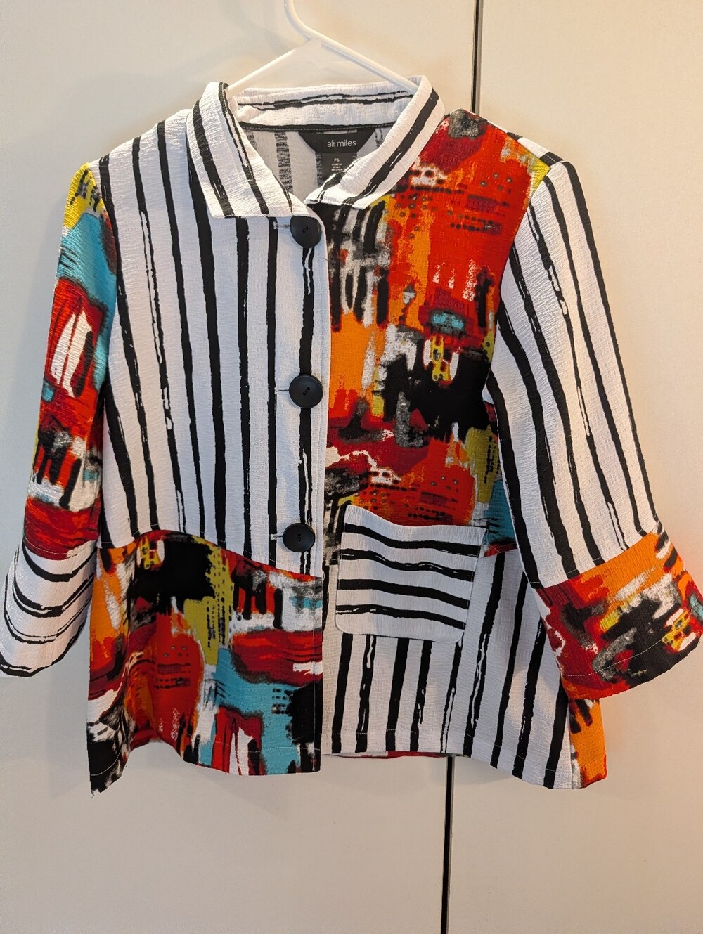 Ali Miles Black & White Striped Jacket with Red & Orange Abstract Panels